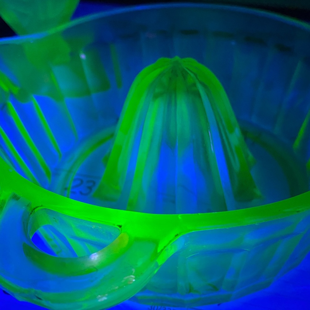 Vintage Green Uranium Glass Juicer and Vase